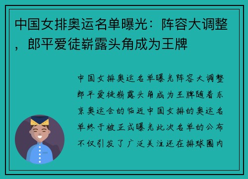 中国女排奥运名单曝光：阵容大调整，郎平爱徒崭露头角成为王牌
