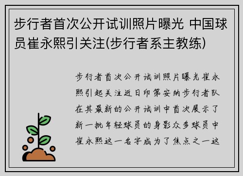 步行者首次公开试训照片曝光 中国球员崔永熙引关注(步行者系主教练)