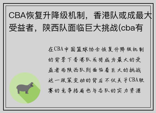 CBA恢复升降级机制，香港队或成最大受益者，陕西队面临巨大挑战(cba有没有陕西队)