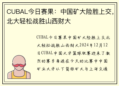 CUBAL今日赛果：中国矿大险胜上交，北大轻松战胜山西财大