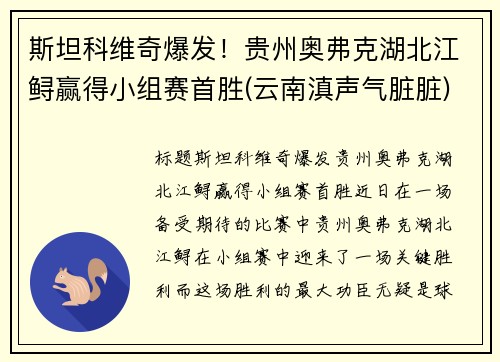 斯坦科维奇爆发！贵州奥弗克湖北江鲟赢得小组赛首胜(云南滇声气脏脏)