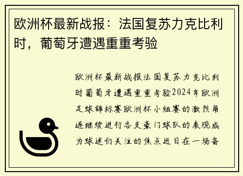 欧洲杯最新战报：法国复苏力克比利时，葡萄牙遭遇重重考验