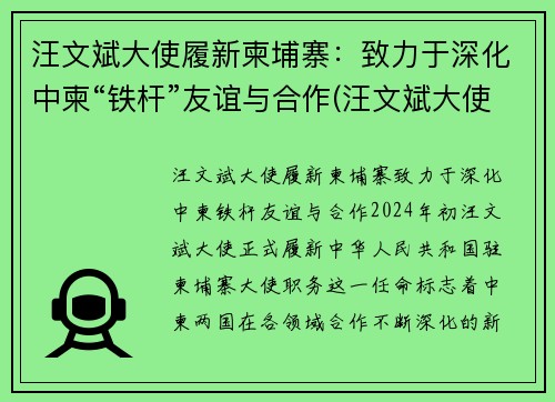 汪文斌大使履新柬埔寨：致力于深化中柬“铁杆”友谊与合作(汪文斌大使年轻照片)